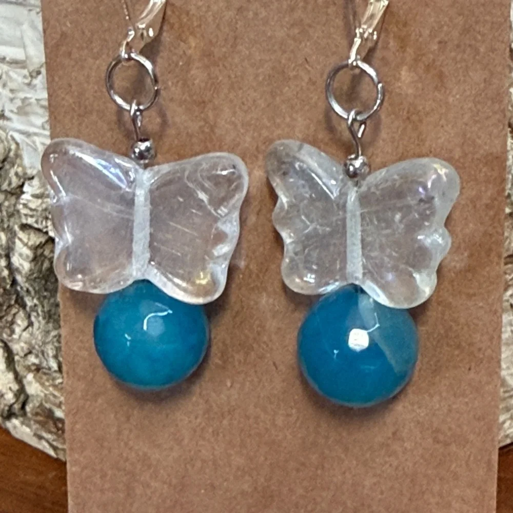 Artisan Glass Butterfly Earrings Blue Stone Vintage Bead Dangle - Picture 7 of 7